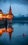 Nightscape of tower of amazing Oberhofen castle on Lake Thun, Switzerland