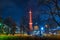 Nightshot of the illuminated radio tower in Berlin