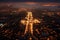 nighttime aerial view of lit-up runway