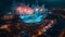 Nighttime aerial view of stadium with fireworks, illuminated urban background. Olympic Games in Paris 2024