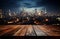 Nighttime atmosphere Wooden table with city buildings softly blurred in the backdrop