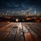 Nighttime atmosphere Wooden table with city buildings softly blurred in the backdrop