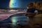 nighttime beach scene with crashing waves and moonbow