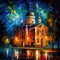 Nighttime Church Painting in the Style of Leonid Afremov for Invitations and Posters.