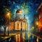 Nighttime Church Painting in the Style of Leonid Afremov for Invitations and Posters.