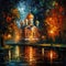 Nighttime Church Painting in the Style of Leonid Afremov. Perfect for Religious Invitations and Posters.