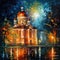 Nighttime Church Painting in the Style of Leonid Afremov for Posters and Invitations.