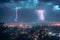 Nighttime cityscape enhanced by two striking lightning bolts
