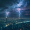 Nighttime cityscape enhanced by two striking lightning bolts