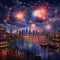 Nighttime Cityscape with Mesmerizing Fireworks Display