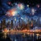 Nighttime Cityscape with Mesmerizing Fireworks Display