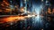 Nighttime cityscape traffic rush, car speed, skyscrapers illuminate vibrant urban skyline generated by AI