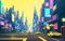 Nighttime cyberpunk city illustration. Neon bright lights landscape painting. ai generated