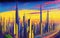 Nighttime cyberpunk city illustration. Neon bright lights landscape painting. ai generated