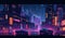 Nighttime Cyberpunk Cityscape with Skyscrapers, Neon Lights, and Billboards. Perfect for Posters and Web Design.