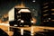 Nighttime Delivery dramatic silhouette of a delivery truck cruising down a busy city road illuminated by the glowing headlights