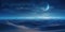 Nighttime desert landscape with starry sky. Rolling sand dunes with space horizon. Abstract atmospheric cloudscape.