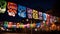 Nighttime Display of Sugar Skulls and Papel Picado for Day of the Dead. Generative ai