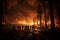 Nighttime forest fire, people silhouette watching