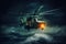 Nighttime Helicopter Rescue Mission in Stormy Sea. AI