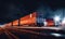 A Nighttime Journey: Illuminated Train Speeding Along Rustic Railway
