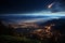 Nighttime magic, meteors traverse the sky amidst mountains and urban lights