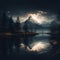 Nighttime Mount Everest Landscape With Pine Trees, Lake, And River