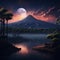 Nighttime Mount Kilimanjaro Landscape With Pine Trees, Lake, And River