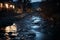 Nighttime Mountain Stream Reflecting Town Lights and Pebbles