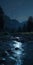 Nighttime Mountain Stream with Reflective Moon and Starlight on Glistening Stones