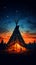 Nighttime scene Silhouette of an Indian teepee with starry sky