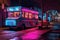 nighttime shot of illuminated food truck with neon signs
