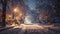 Nighttime snow blankets sleeping towns, a tranquil winter embrace.AI Generated