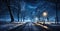 Nighttime Snow with Trees, winter path and bench under glowing lamps in winter city park