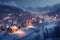 Nighttime in a snowy village brings magical illumination to surroundings