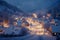 Nighttime in a snowy village brings magical illumination to surroundings