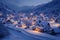 Nighttime in a snowy village brings magical illumination to surroundings