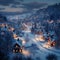 Nighttime in a snowy village brings magical illumination to surroundings