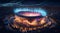 Nighttime Spectacle: Soccer Stadium Illuminated by Fireworks. Generative ai