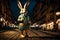 Nighttime Stroll: Hyper Realistic 3D Easter Bunny in Embroidered Dress