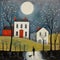 Nighttime Stroll: A Playful Painting Of A Man And Dog In The Style Of Gary Bunt