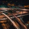 Nighttime Traffic Maze: Busy Highway Interchange with Multiple Lanes and Overpasses during Rush Hour