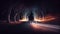 Nighttime traffic speeds through a glowing forest tunnel ,generative AI