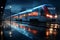 Nighttime train station panorama Modern train arrives, setting a dynamic nocturnal scene