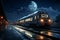 Nighttime train station panorama Modern train arrives, setting a dynamic nocturnal scene