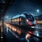 Nighttime train station panorama Modern train arrives, setting a dynamic nocturnal scene