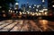 Nighttime urban scene Wooden table against blurred city building lights in darkness