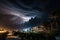 nighttime view of massive hurricane, with lightning flashing and storm clouds rolling