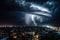 nighttime view of massive hurricane, with lightning flashing and storm clouds rolling