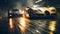Nighttime Vray Tracing: Gold Bugatti Convertible And Racing Car Concept Art